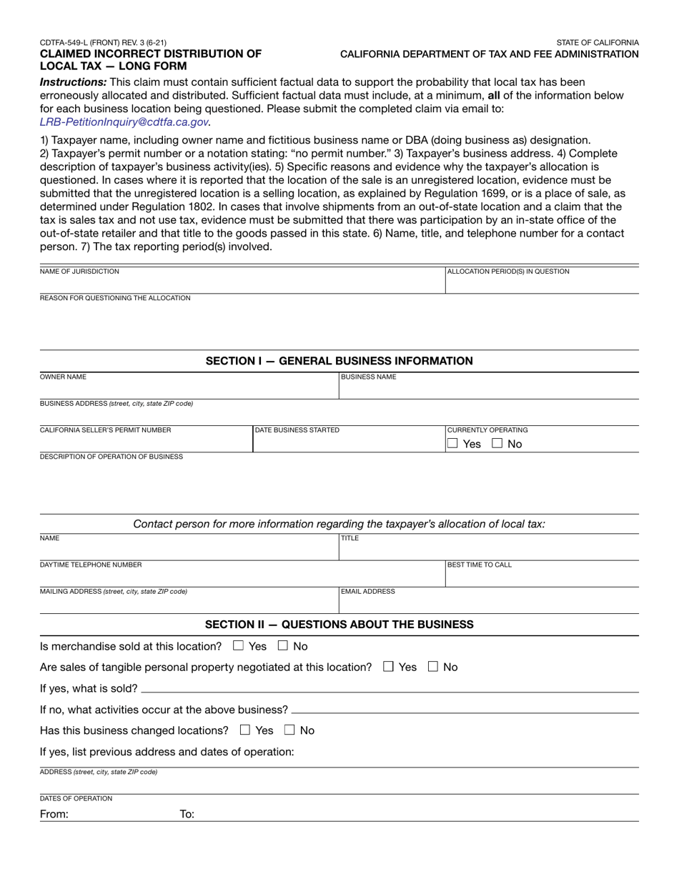 Form CDTFA-549-L Claimed Incorrect Distribution of Local Tax - Long Form - California, Page 1