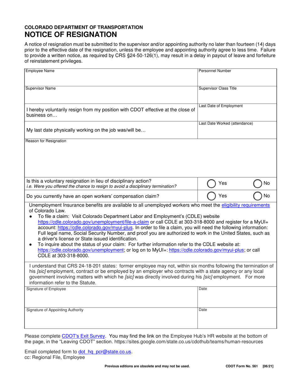 CDOT Form 561 Notice of Resignation - Colorado, Page 1