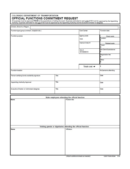 CDOT Form 1244 Official Functions Commitment Request - Colorado