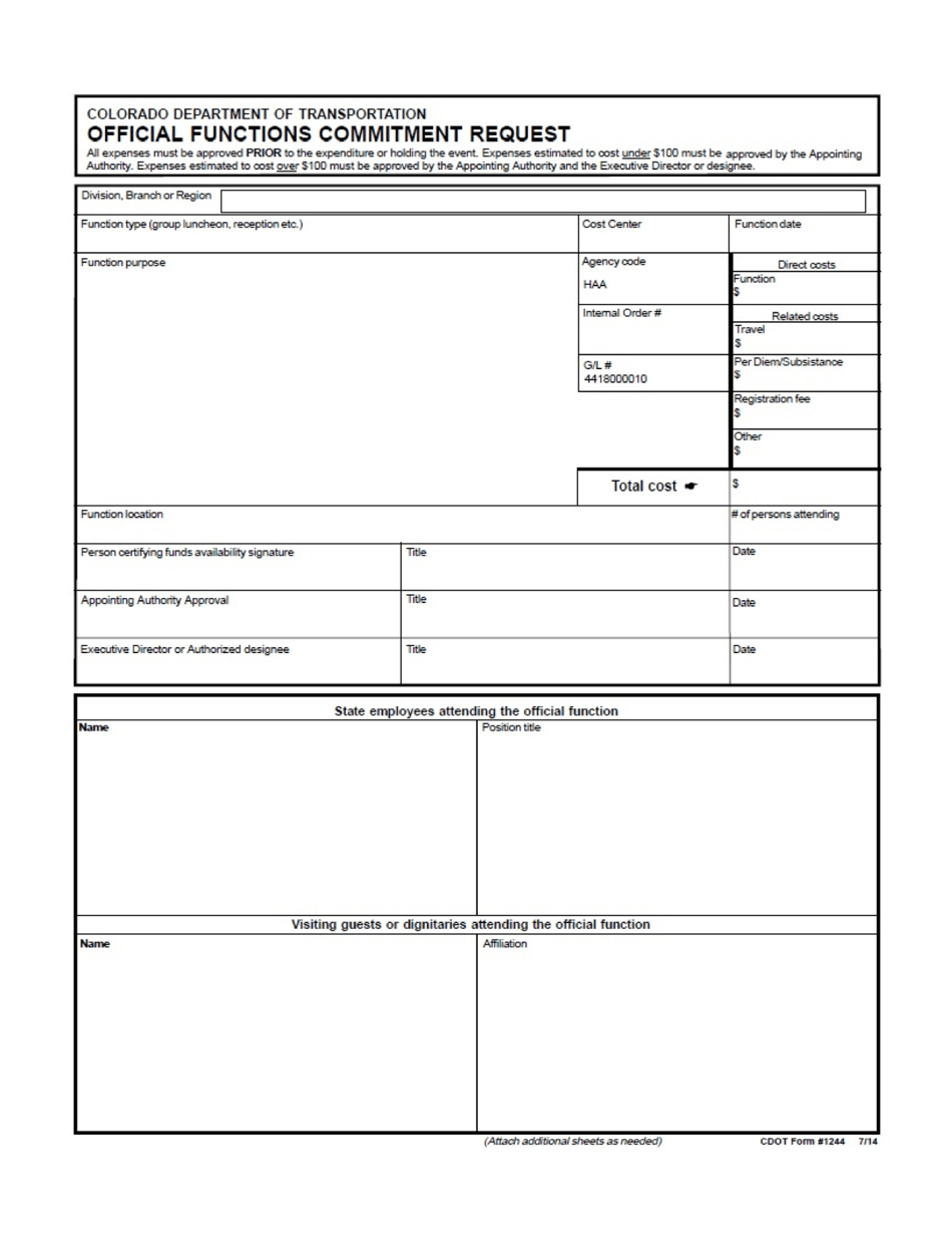 CDOT Form 1244 Official Functions Commitment Request - Colorado, Page 1