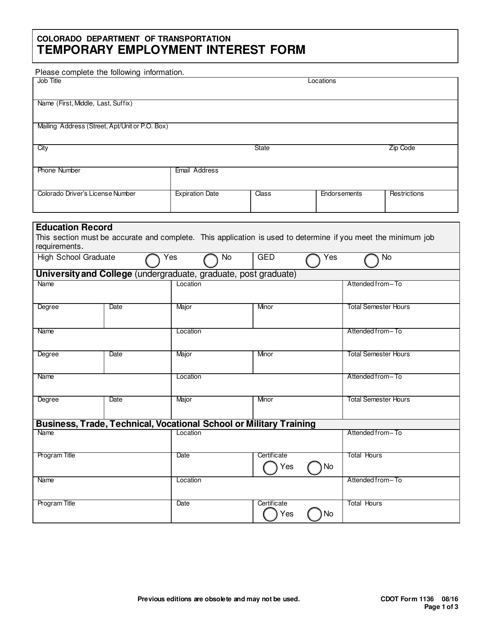 CDOT Form 1136 Temporary Employment Interest Form - Colorado