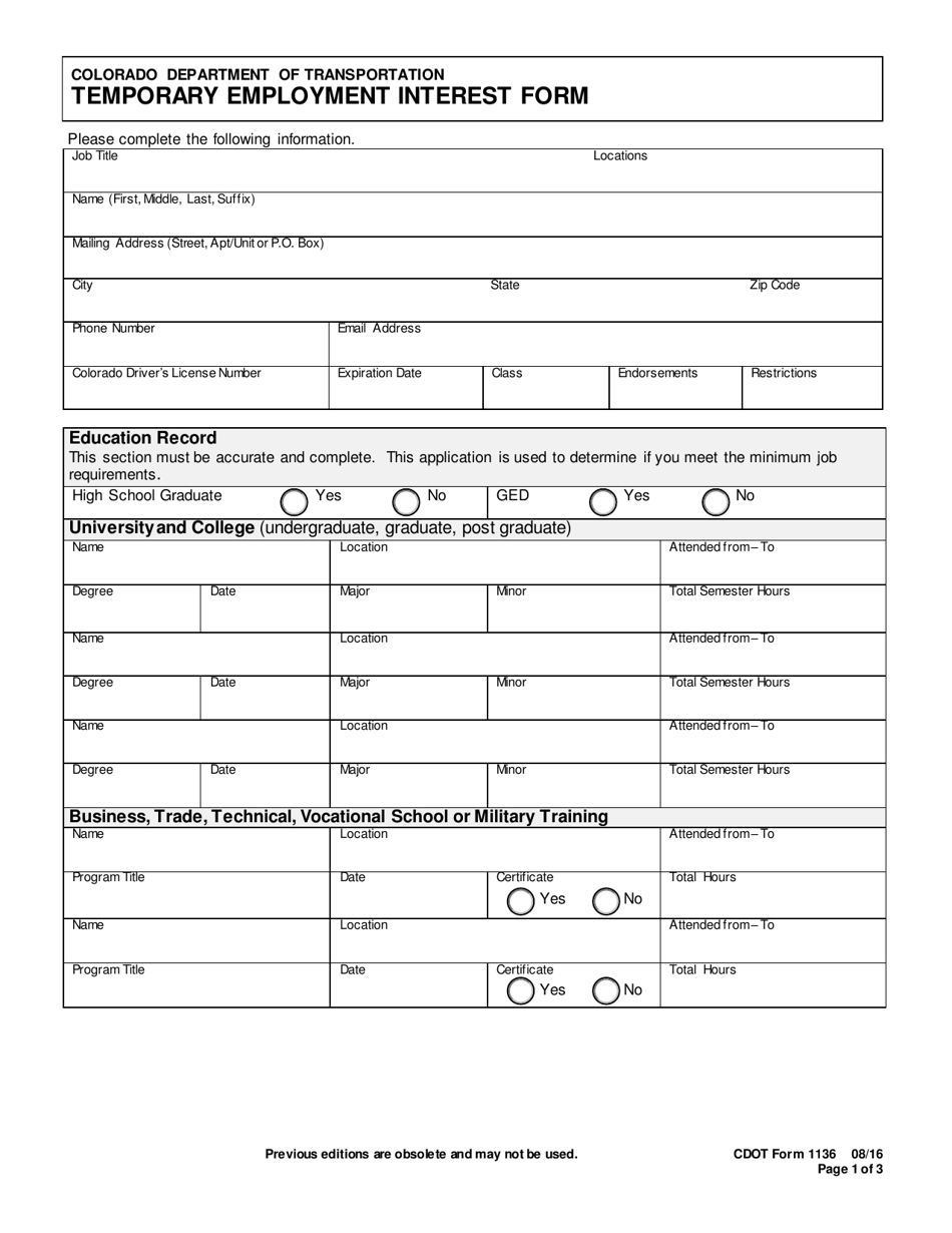 CDOT Form 1136 Temporary Employment Interest Form - Colorado, Page 1