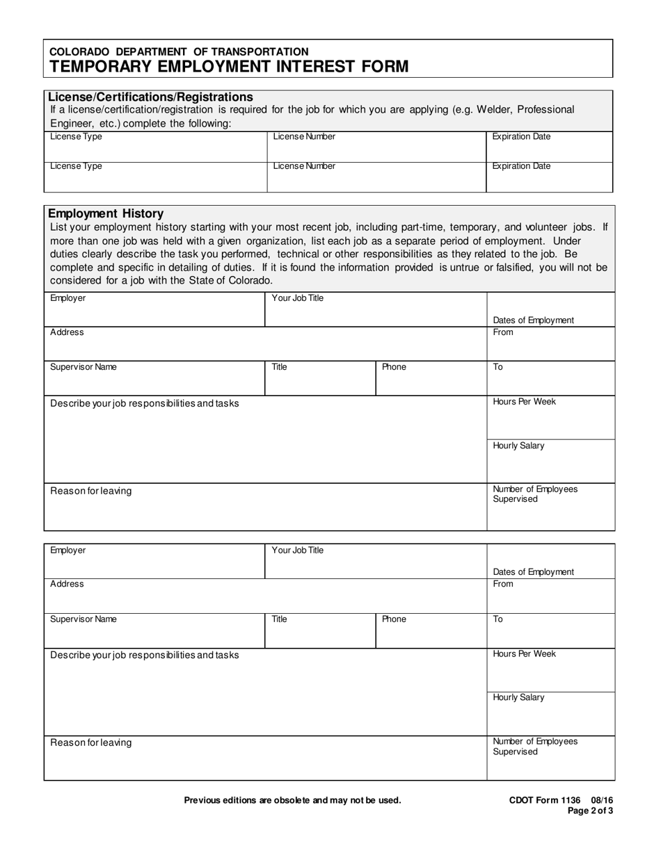 CDOT Form 1136 Temporary Employment Interest Form - Colorado, Page 2
