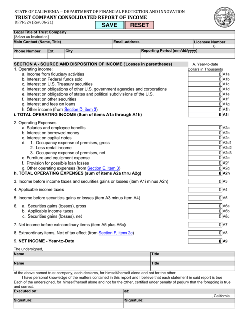 Document preview: Form DFPI-524 Trust Company Consolidated Report of Income - California