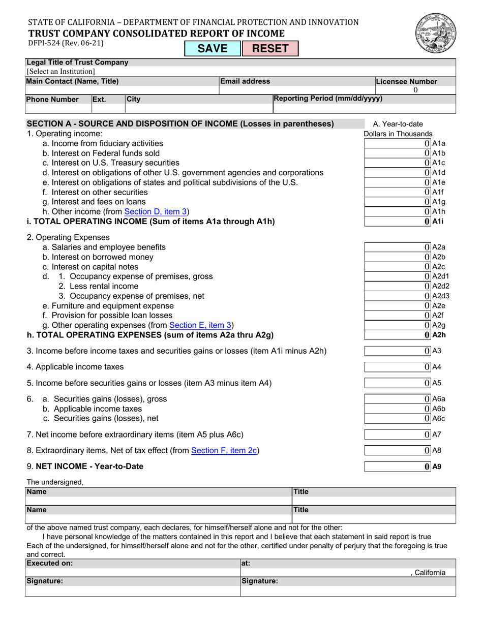 Form DFPI-524 Trust Company Consolidated Report of Income - California, Page 1