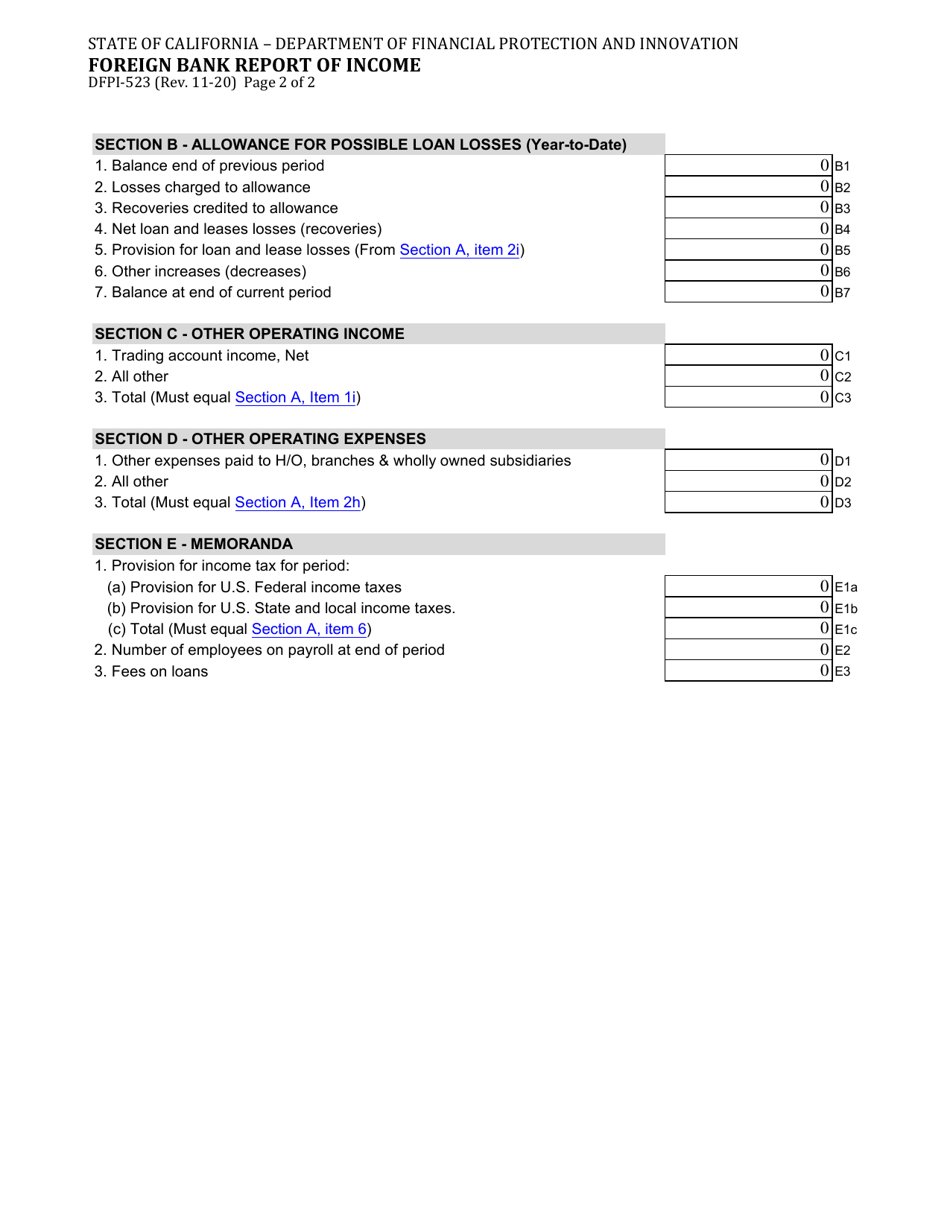 Form DFPI-523 Foreign Bank Report of Income - California, Page 2