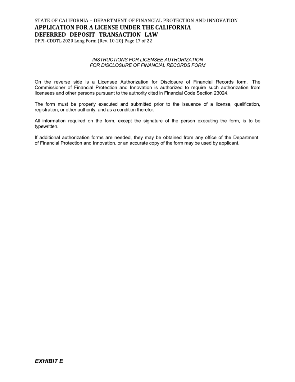 Form DFPI-CDDTL2020 Application for a License Under the California Deferred Deposit Transaction Law - Long Form - California, Page 17