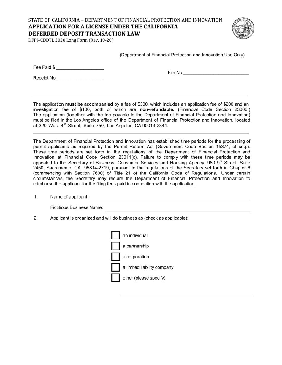 Form DFPI-CDDTL2020 Application for a License Under the California Deferred Deposit Transaction Law - Long Form - California, Page 1