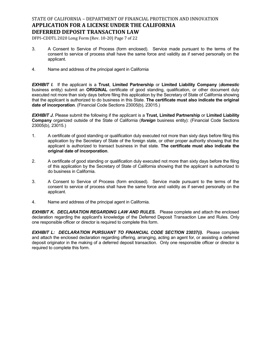 Form DFPI-CDDTL2020 Application for a License Under the California Deferred Deposit Transaction Law - Long Form - California, Page 7