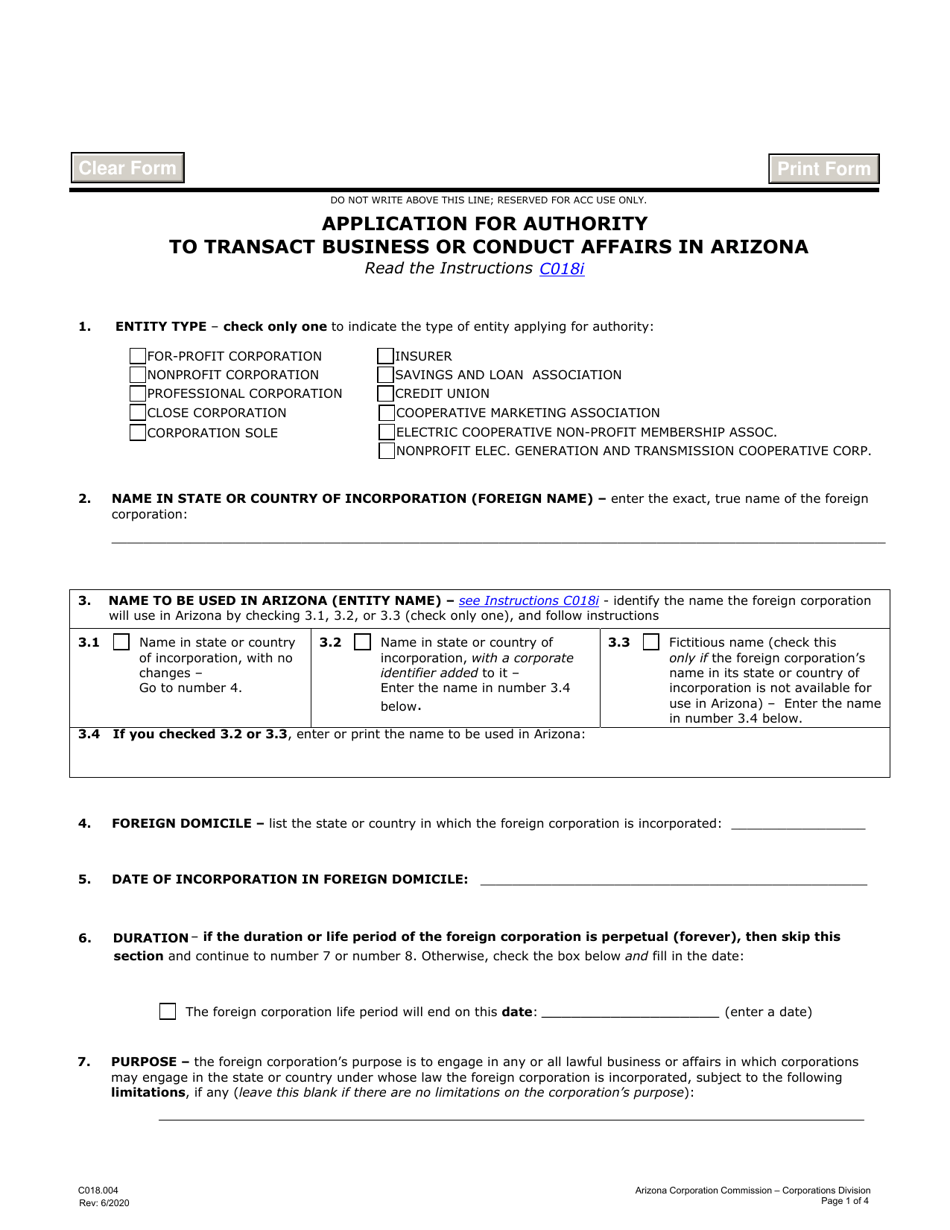 Form C018.004 Application for Authority to Transact Business or Conduct Affairs in Arizona - Arizona, Page 1