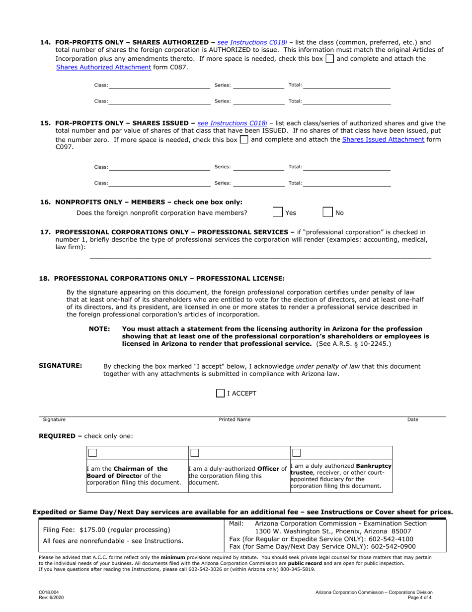 Form C018.004 Application for Authority to Transact Business or Conduct Affairs in Arizona - Arizona, Page 4