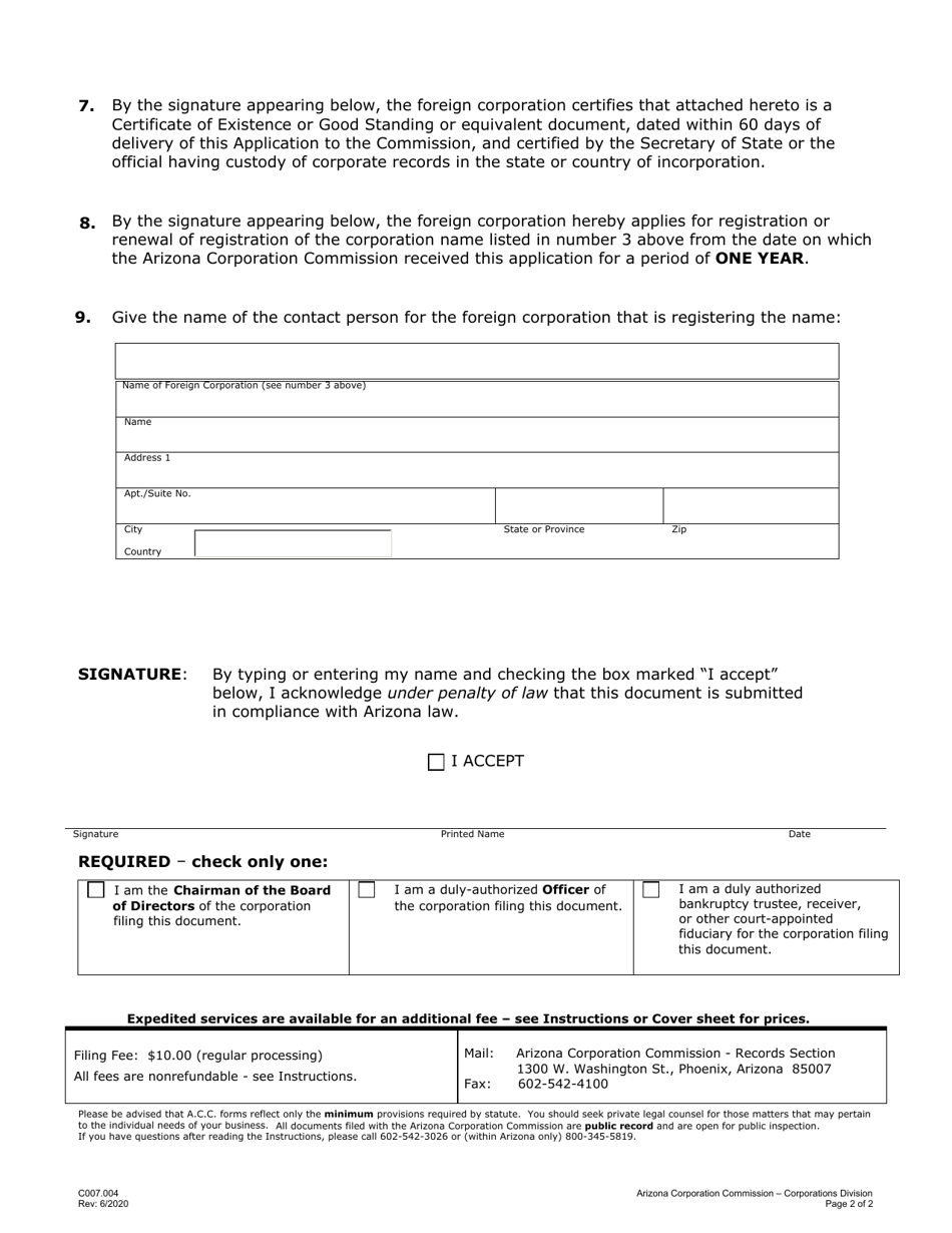 Form C007.004 Application to Register Foreign Corporation Name - Arizona, Page 2