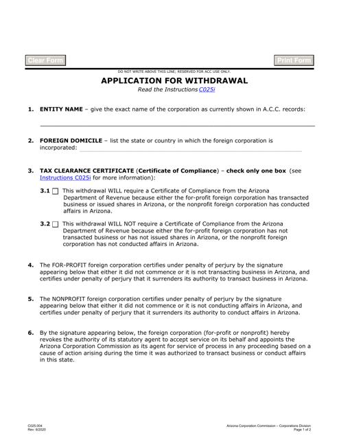 Form C025.004 Application for Withdrawal - Arizona