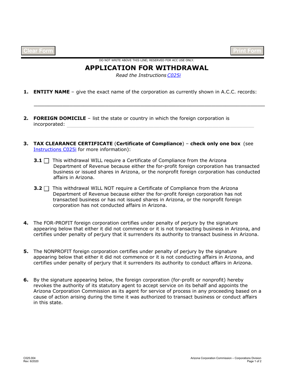 Form C025.004 Application for Withdrawal - Arizona, Page 1