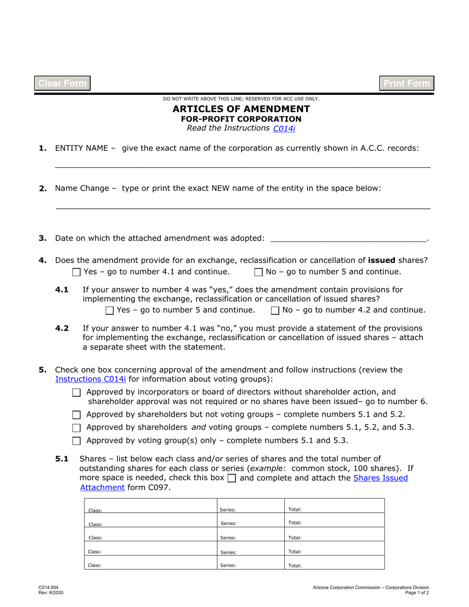 Form C014.004 Articles of Amendment for-Profit Corporation - Arizona, Page 1