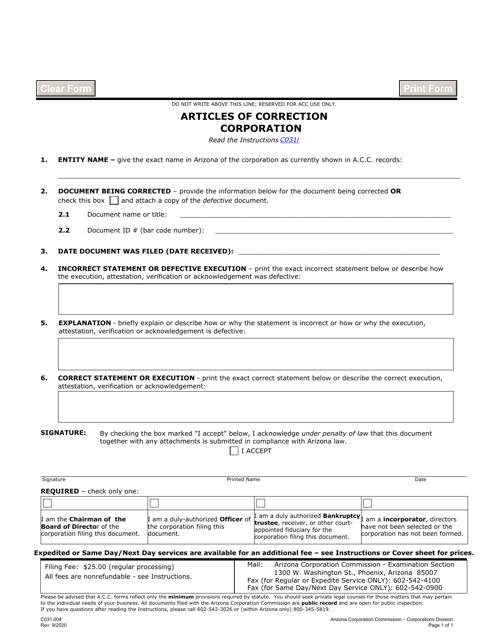 Form C031.004 Articles of Correction Corporation - Arizona