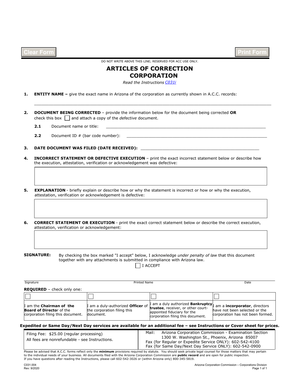 Form C031.004 Articles of Correction Corporation - Arizona, Page 1