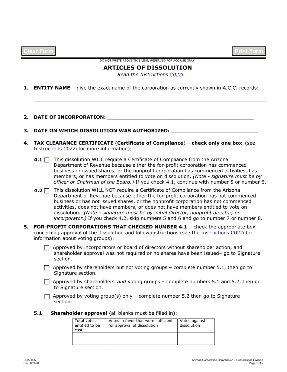 Form C022.005 Articles of Dissolution - Arizona, Page 1