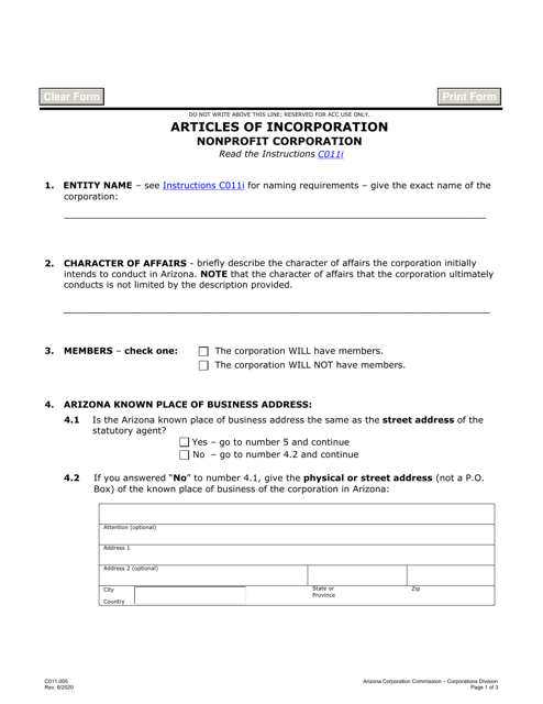 Form C011.005 Articles of Incorporation - Nonprofit Corporation - Arizona