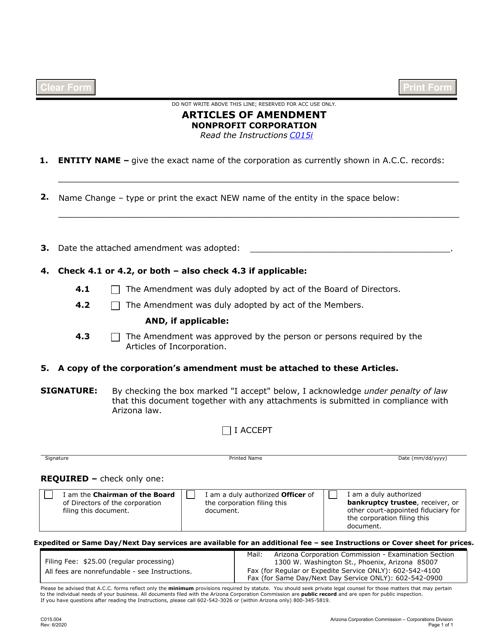 Form C015.004 Articles of Amendment - Nonprofit Corporation - Arizona