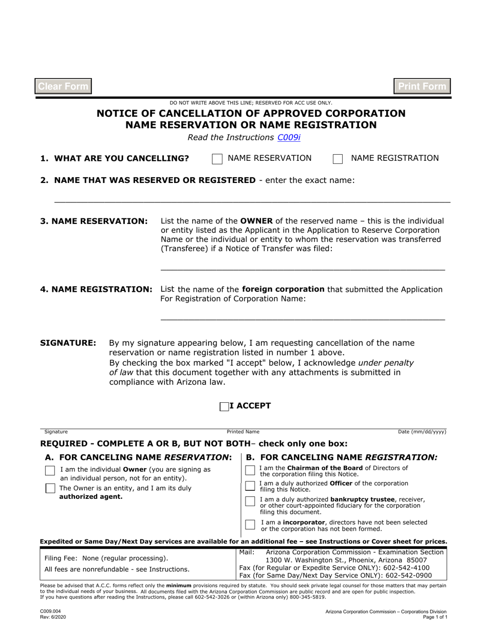 Form C009.004 Notice of Cancellation of Approved Corporation Name Reservation or Name Registration - Arizona, Page 1