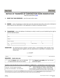 Form C008 &quot;Notice of Transfer of Corporation Name Reservation&quot; - Arizona