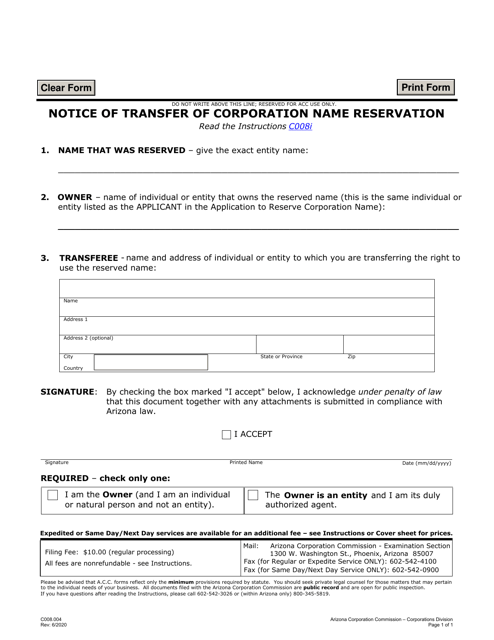 Form C008 Notice of Transfer of Corporation Name Reservation - Arizona