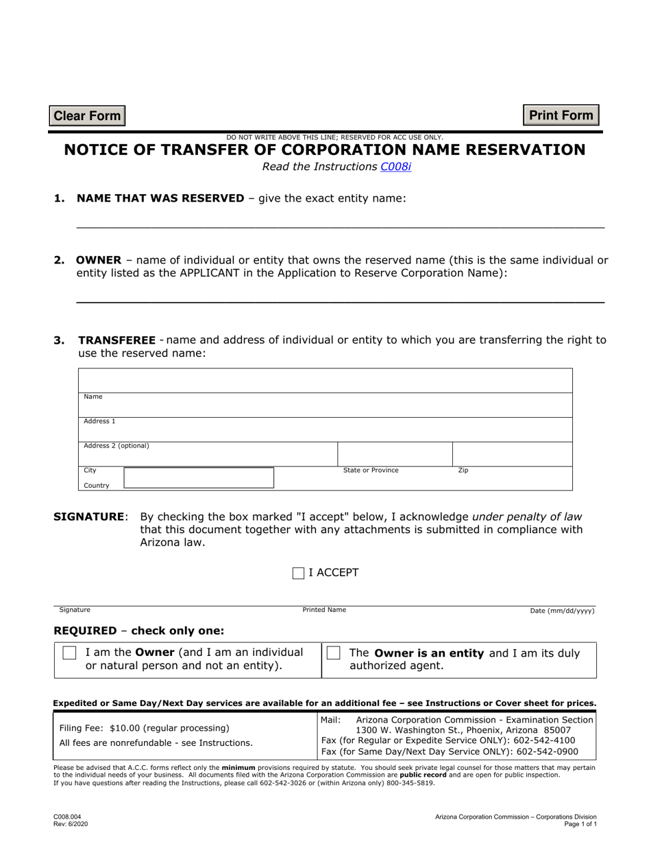 Form C008 Notice of Transfer of Corporation Name Reservation - Arizona, Page 1