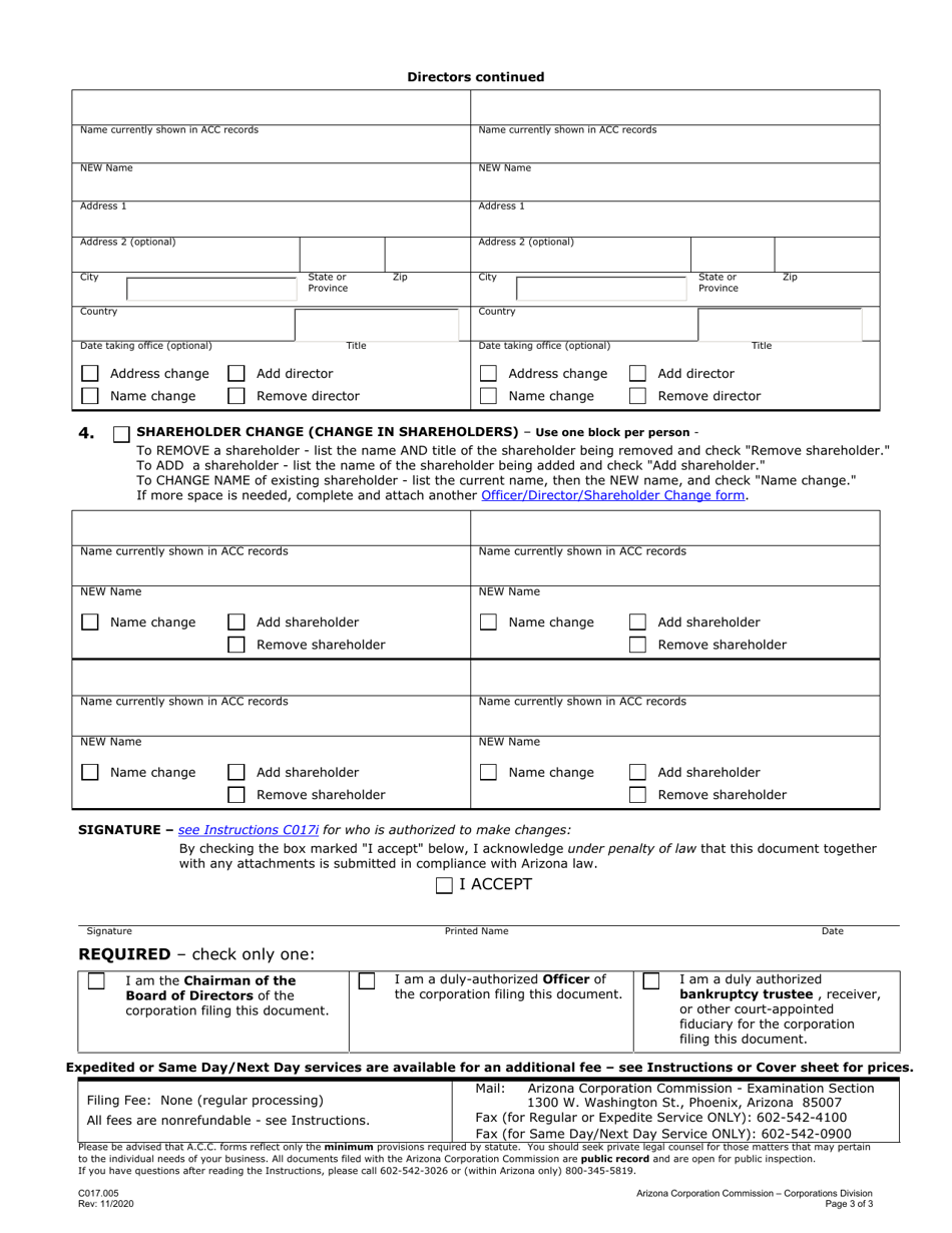 Form C017 Officer / Director / Shareholder Change - Arizona, Page 3