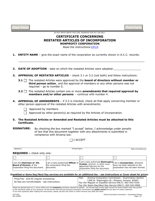 Form C013 Certificate Concerning Restated Articles of Incorporation Nonprofit Corporation - Arizona