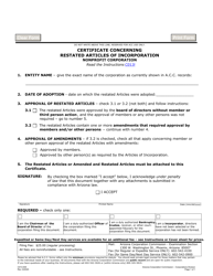 Form C013 &quot;Certificate Concerning Restated Articles of Incorporation Nonprofit Corporation&quot; - Arizona