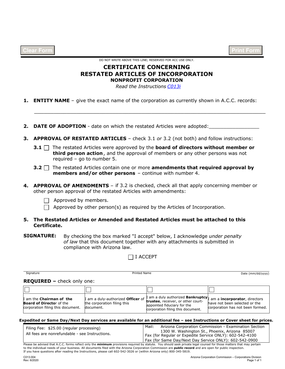 Form C013 Certificate Concerning Restated Articles of Incorporation Nonprofit Corporation - Arizona, Page 1