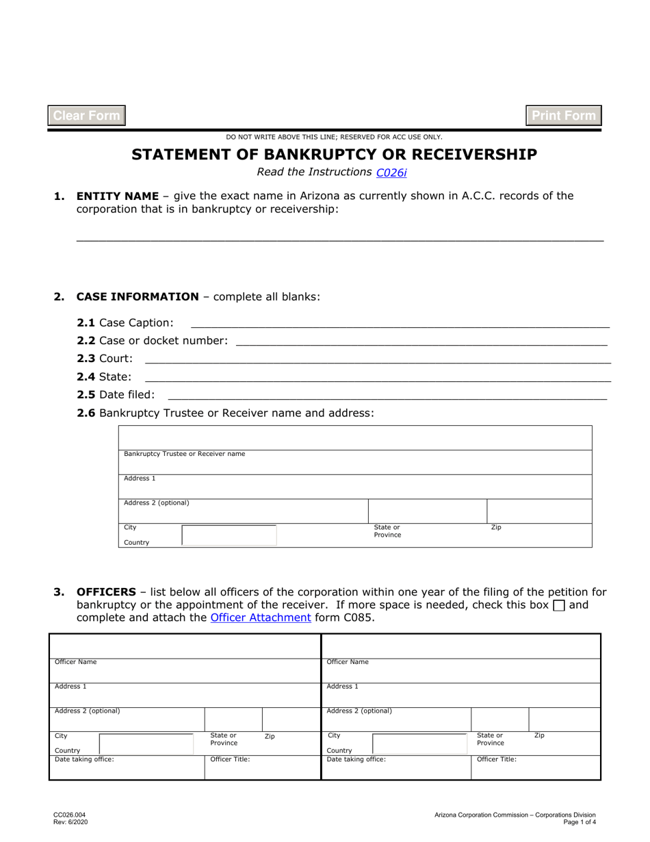 Form C026 Statement of Bankruptcy or Receivership - Arizona, Page 1