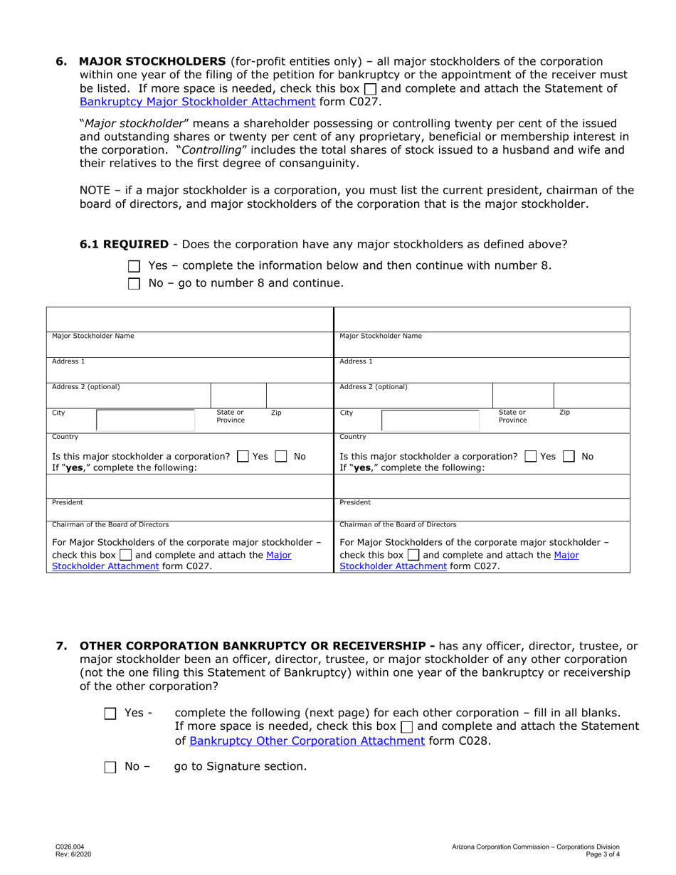 Form C026 Statement of Bankruptcy or Receivership - Arizona, Page 3