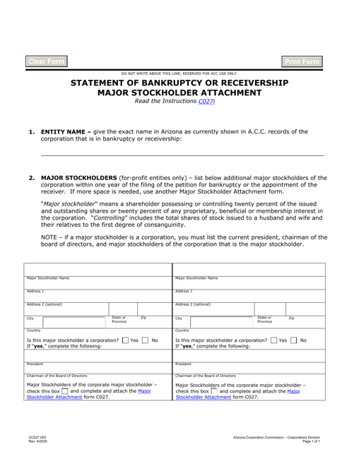 Form C027 Statement of Bankruptcy or Receivership Major Stockholder Attachment - Arizona