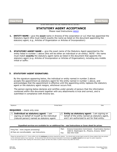 Form M002 Statutory Agent Acceptance - Arizona
