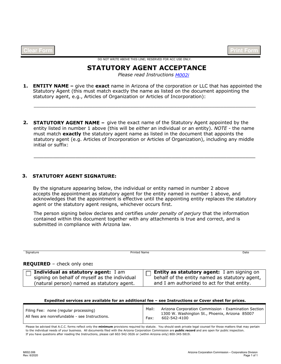 Form M002 Statutory Agent Acceptance - Arizona, Page 1