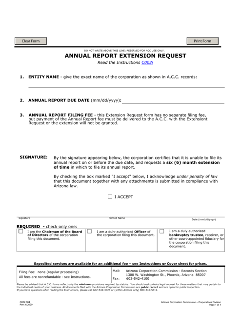 Form C002 Annual Report Extension Request - Arizona