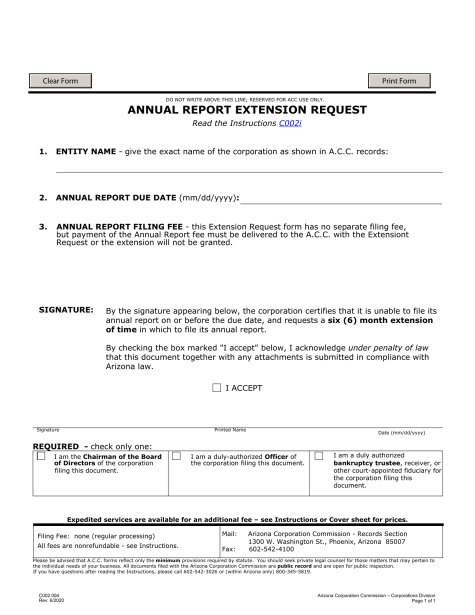 Form C002 Annual Report Extension Request - Arizona, Page 1