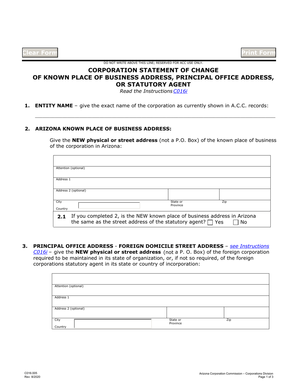 Form C016 Corporation Statement of Change of Known Place of Business Address, Principal Office Address, or Statutory Agent - Arizona, Page 1