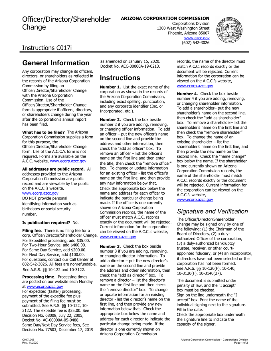 Instructions for Form C017 Officer / Director / Shareholder Change - Arizona, Page 1