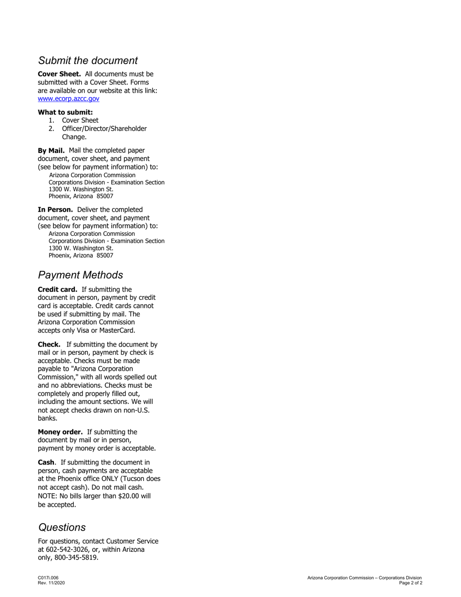 Instructions for Form C017 Officer / Director / Shareholder Change - Arizona, Page 2