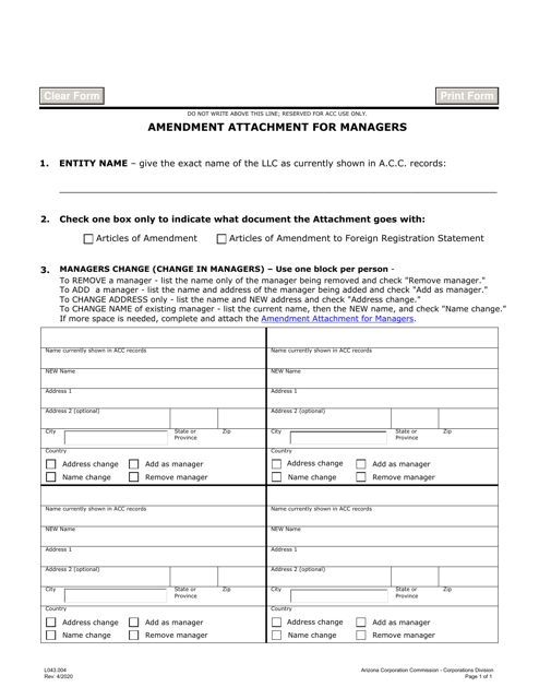 Form L043 Amendment Attachment for Managers - Arizona