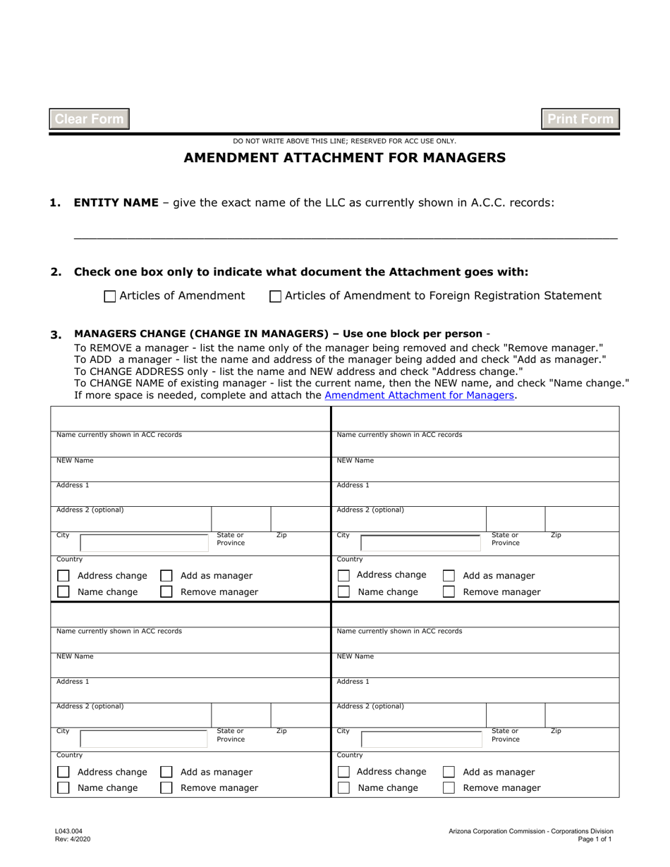 Form L043 Amendment Attachment for Managers - Arizona, Page 1