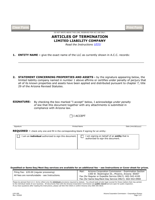 Form L031 Articles of Termination - Limited Liability Company - Arizona