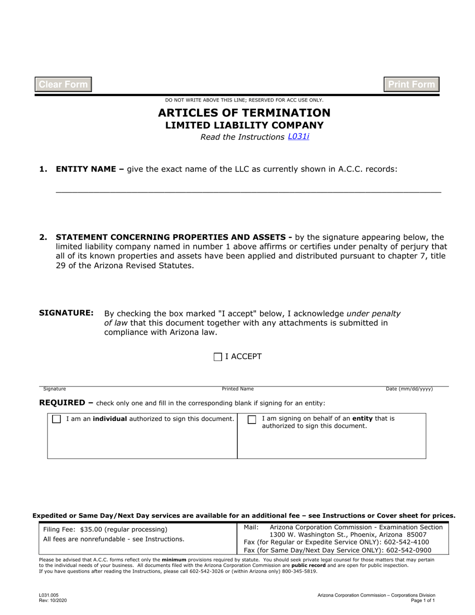 Form L031 Articles of Termination - Limited Liability Company - Arizona, Page 1