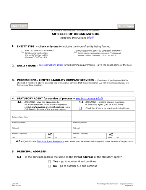 Form L010 Articles of Organization - Arizona