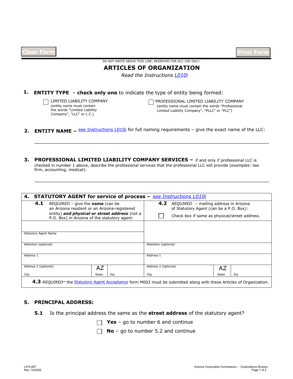 Form L010 Articles of Organization - Arizona, Page 1