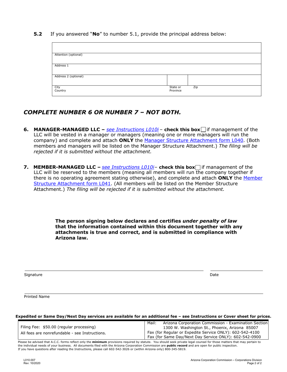 Form L010 Download Fillable Pdf Or Fill Online Articles Of Organization Arizona 2017 — 2024 