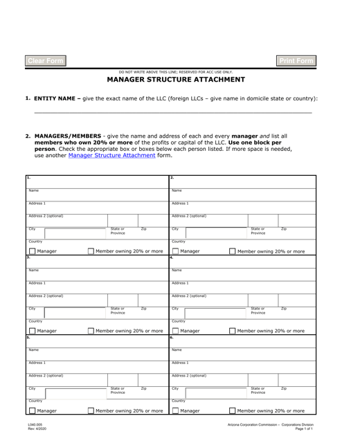 Form L040 Manager Structure Attachment - Arizona